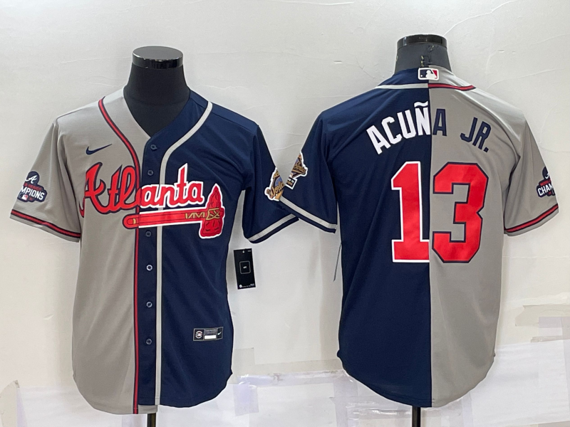 Men's Atlanta Braves #13 Ronald Acuna Jr. Gray Navy Two Tone Split Cool Base Stitched Baseball Jersey Men's Atlanta Braves #13 Ronald Acuna Jr. Gray Navy Two Tone Split Cool Base Stitched Baseball Jersey